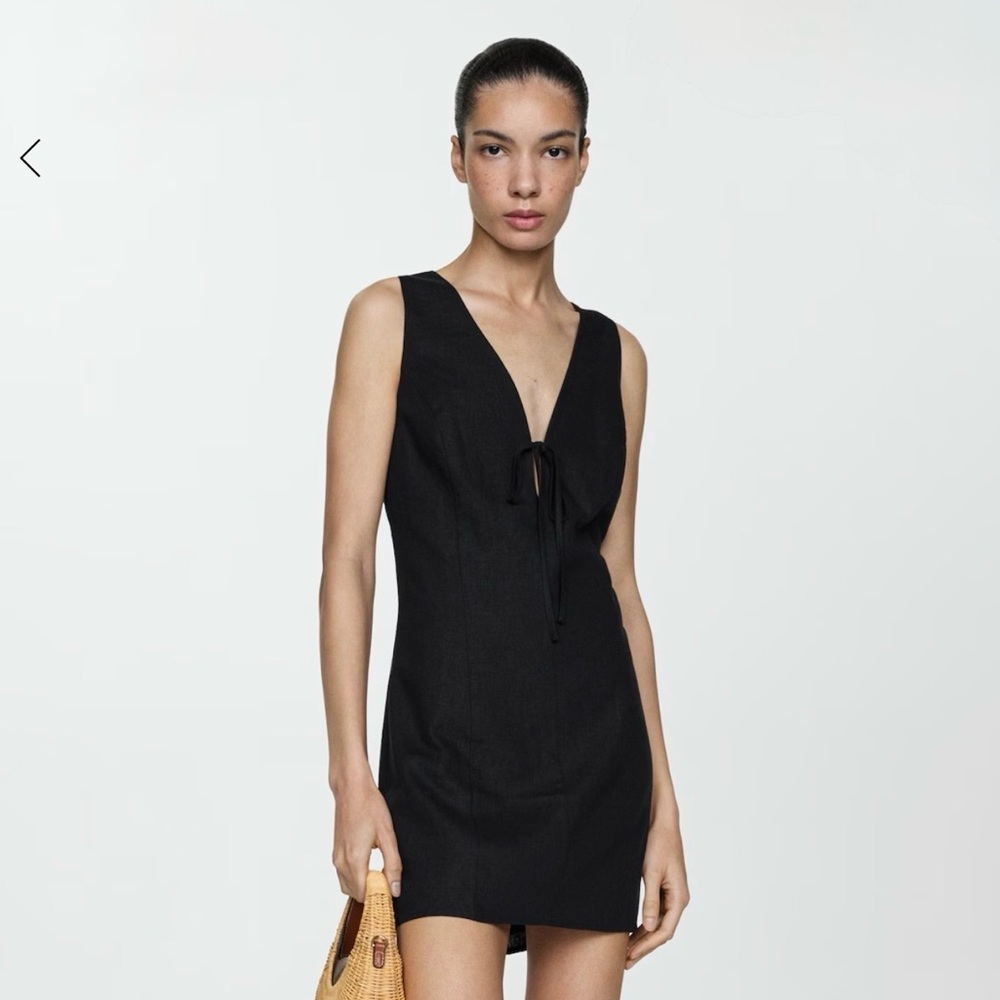 Mango Black V-Neck Mini linen Dress Sz10